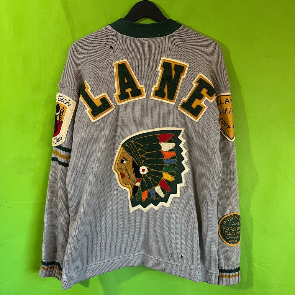 VTG 1950s Lane Tech Chicago Letterman Cardigan Sweater Grey Green‎ Varsity